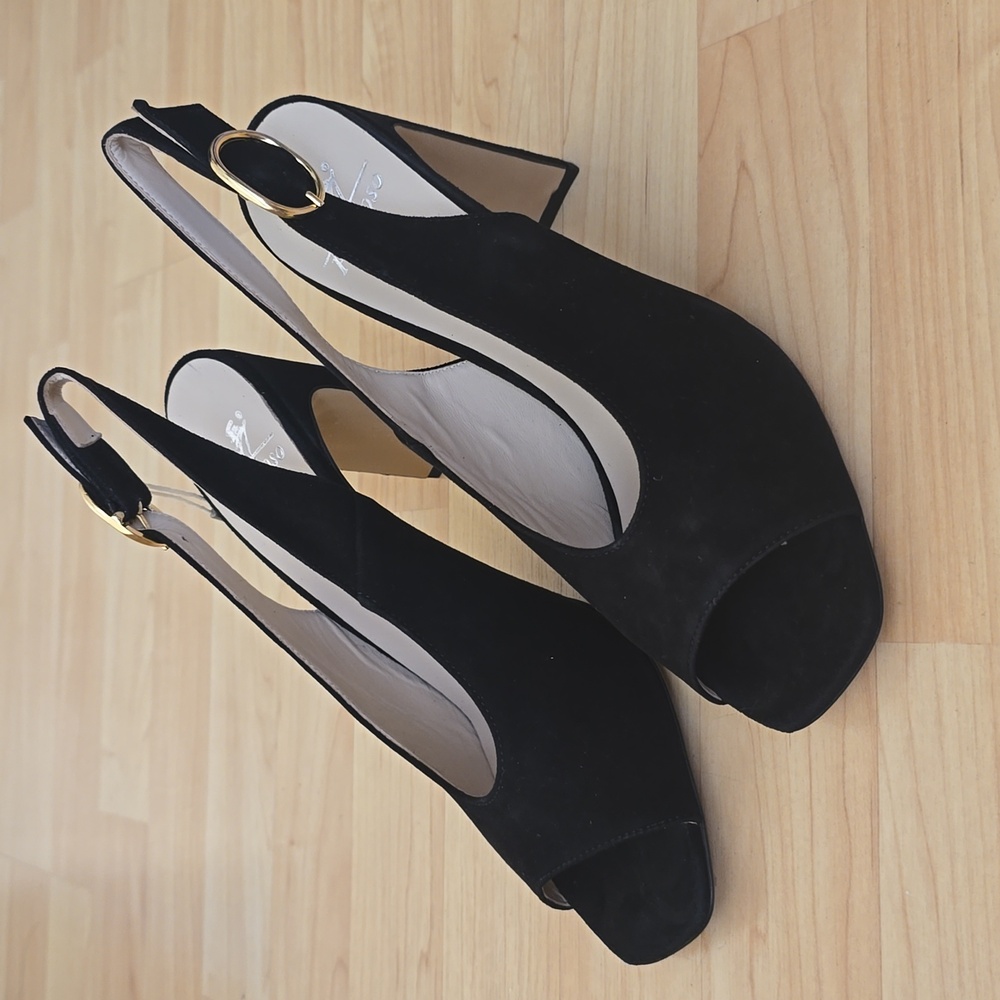 Prezioso Italian Designer Black Leather Suede Peep-Toe Slingback Heels Size 38